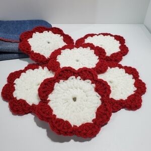VTG set 6 crocheted cup coasters floral deep burgundy and white w/jean bag